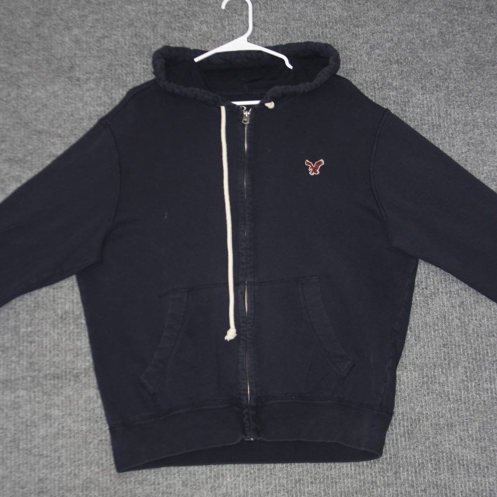 American Eagle Full Zip Hoodie Mens L Navy Blue Good Eagle Logo Fleece Pocket